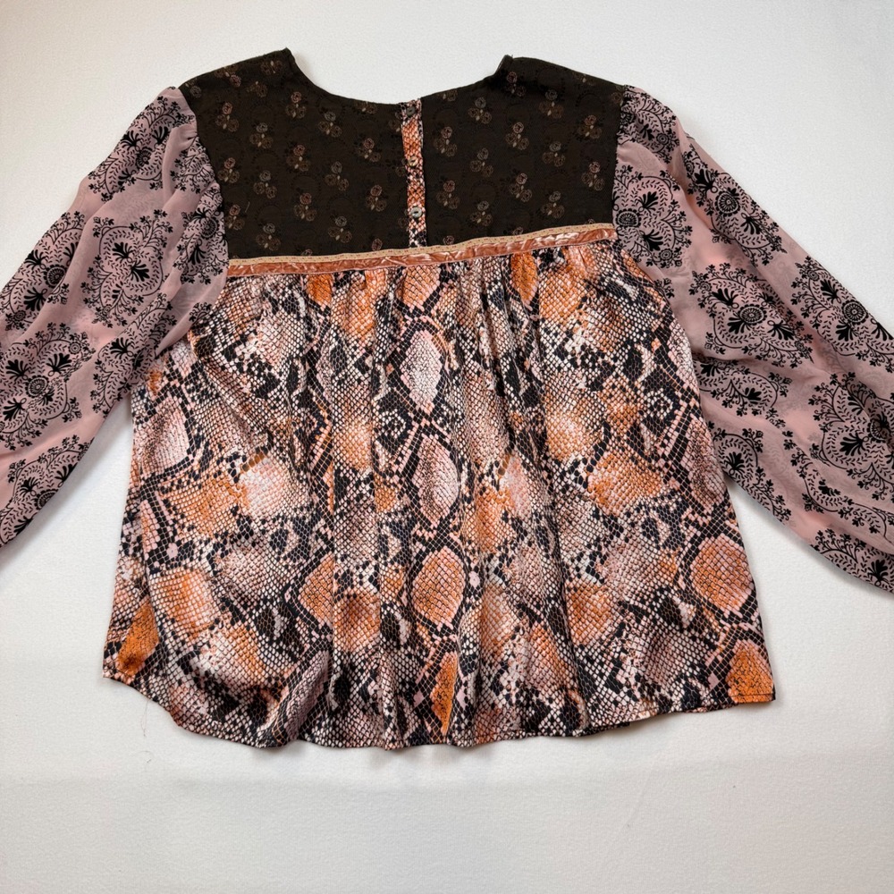 Ivy Jane Womens Mixed Media Snakeskin Floral Blouse XL Pink Brown Boho 630175 - Picture 5 of 9